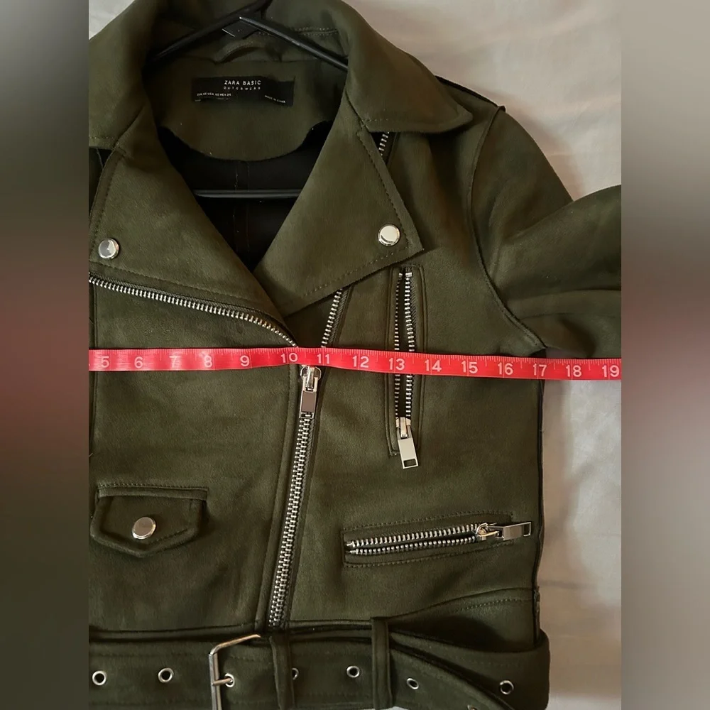 Zara Olive Moto Jacket Belted Zip Biker Chic Trendy S - Picture 5 of 14